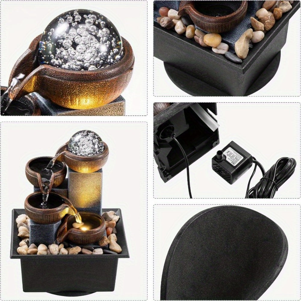 Tabletop Water Fountain Indoor, 4-Level Desktop Waterfall with LED Lights & Natural River Stones