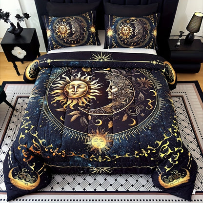 Sun Moon and Planet Print Comforter Set in Black with Twin, Full, Queen and King Size Options