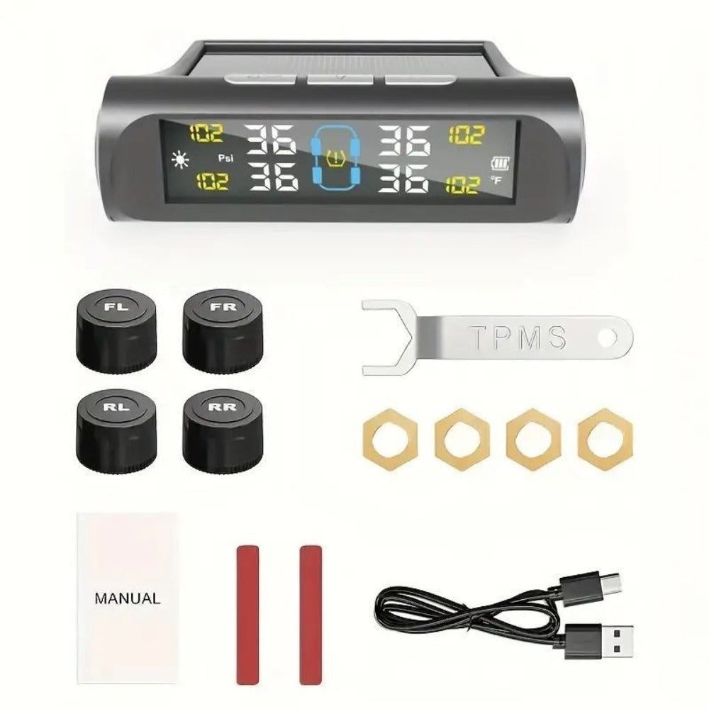 Solar TPMS Tire Pressure Monitoring System – Solar & USB Charging, 5 Alarm Modes, Color Display for 4-Wheel Vehicles
