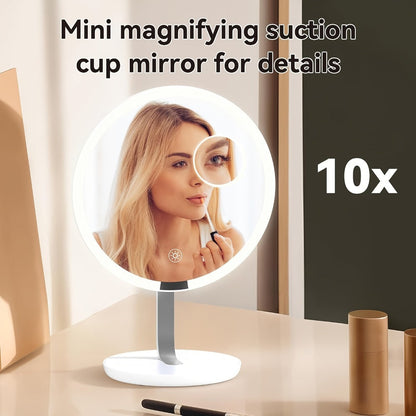 Makeup Mirror Round LED Desktop Stand with Detachable 10X Suction Mirror, Three Light Colors, Touch Dimming and USB Power