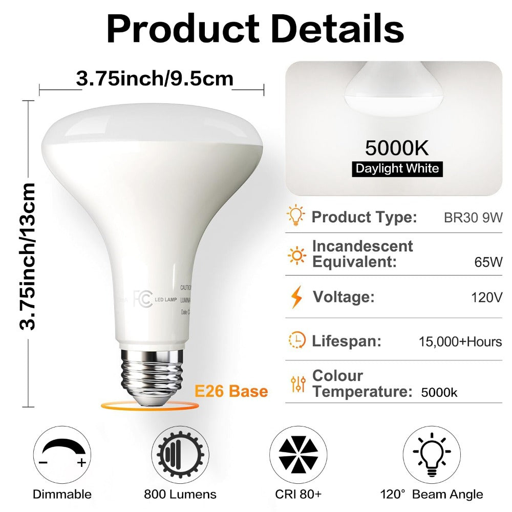 BR30 LED Flood Light Bulbs 12W 800 Lumens 5000K Daylight White Non-Dimmable, for Home, Desk and Accent Lighting