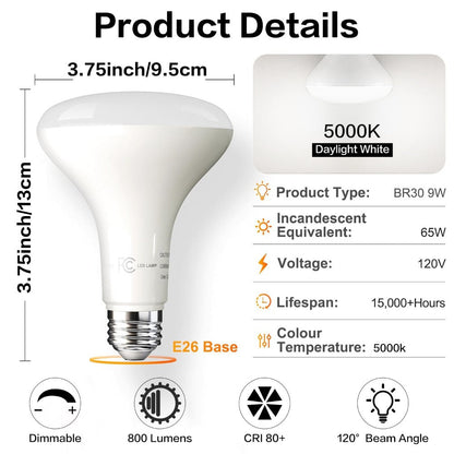 BR30 LED Flood Light Bulbs 12W 800 Lumens 5000K Daylight White Non-Dimmable, for Home, Desk and Accent Lighting