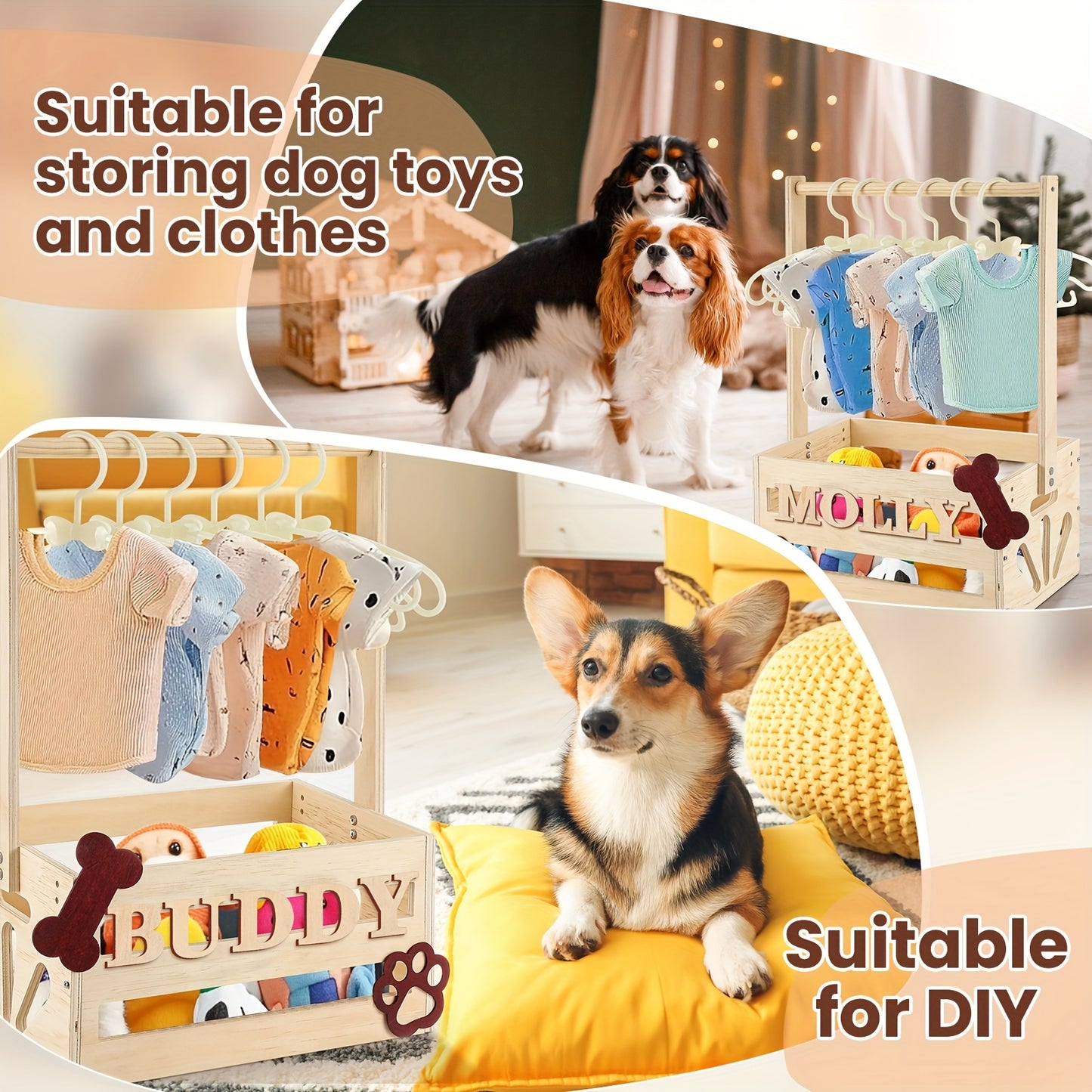 Wooden Pet Wardrobe Storage Box 20"x13"x9" – Dog & Cat Toy Organizer with Hanging Pole & PET Letters | Easy Assemble Basket for Pet