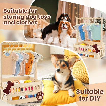 Wooden Pet Wardrobe Storage Box 20"x13"x9" – Dog & Cat Toy Organizer with Hanging Pole & PET Letters | Easy Assemble Basket for Pet