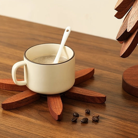 Solid Wood Trivet Mat Set 6pcs with Storage Rack, Heat-Resistant Tree-Shaped Coasters for Home Cooking, Dining and Outdoor Meals