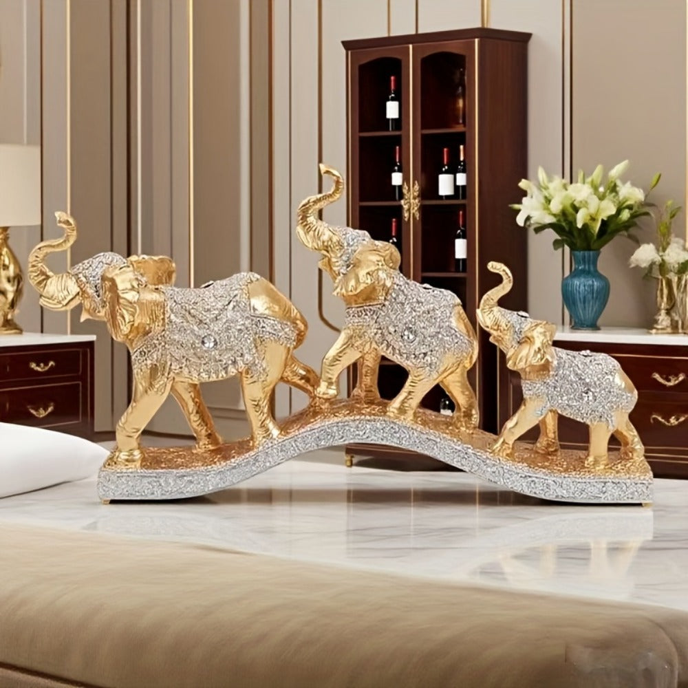 Golden Elephant Figurine Set of 3 – Lucky Elephant Statue Home Decor, Resin Elephant Family Sculpture for Living Room TV Cabinet Office