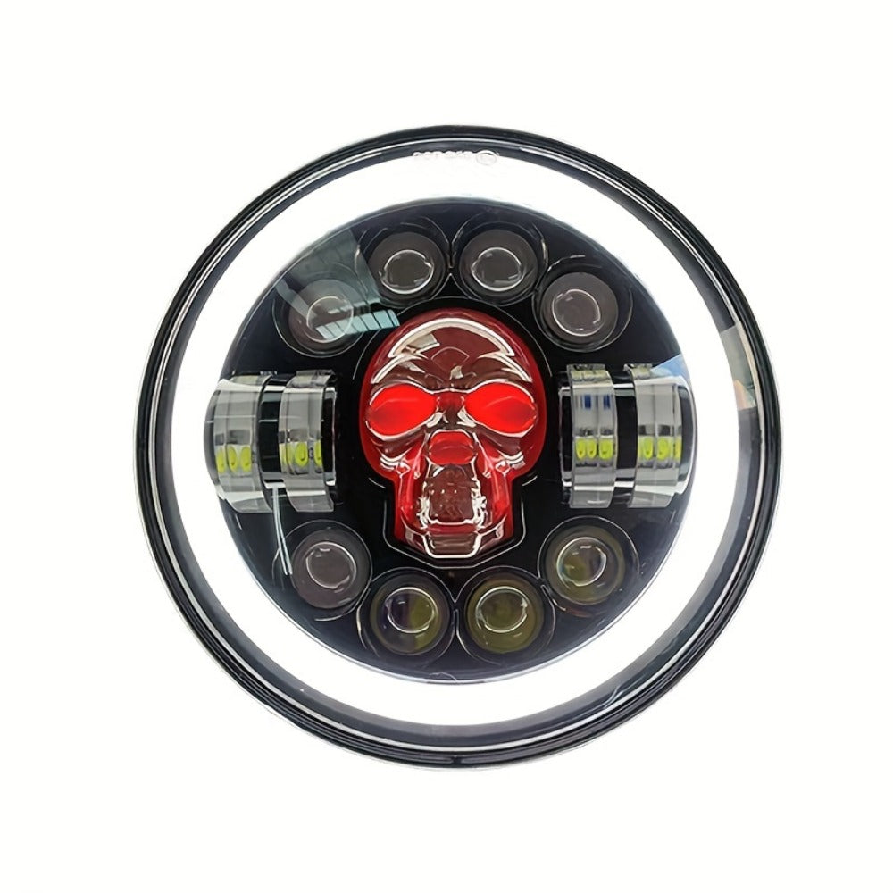 7 Inch Motorcycle LED Headlight Skull Ghost Design – Colorful Demon Eye Round Head Lamp, Custom Car Headlight Modification Front Light
