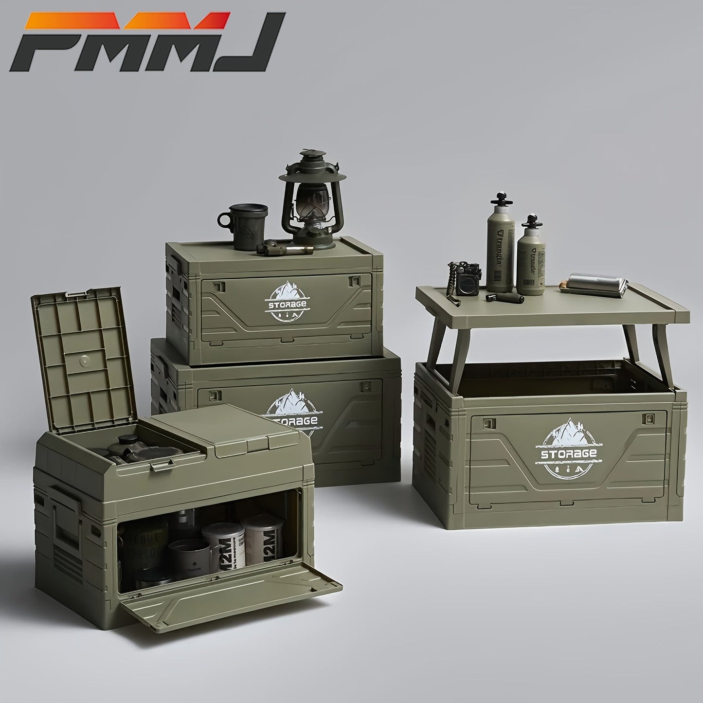Army-Green Outdoor Storage Box with Flat Cover, Lift-Up Desktop or Front-Access Box Lid Options