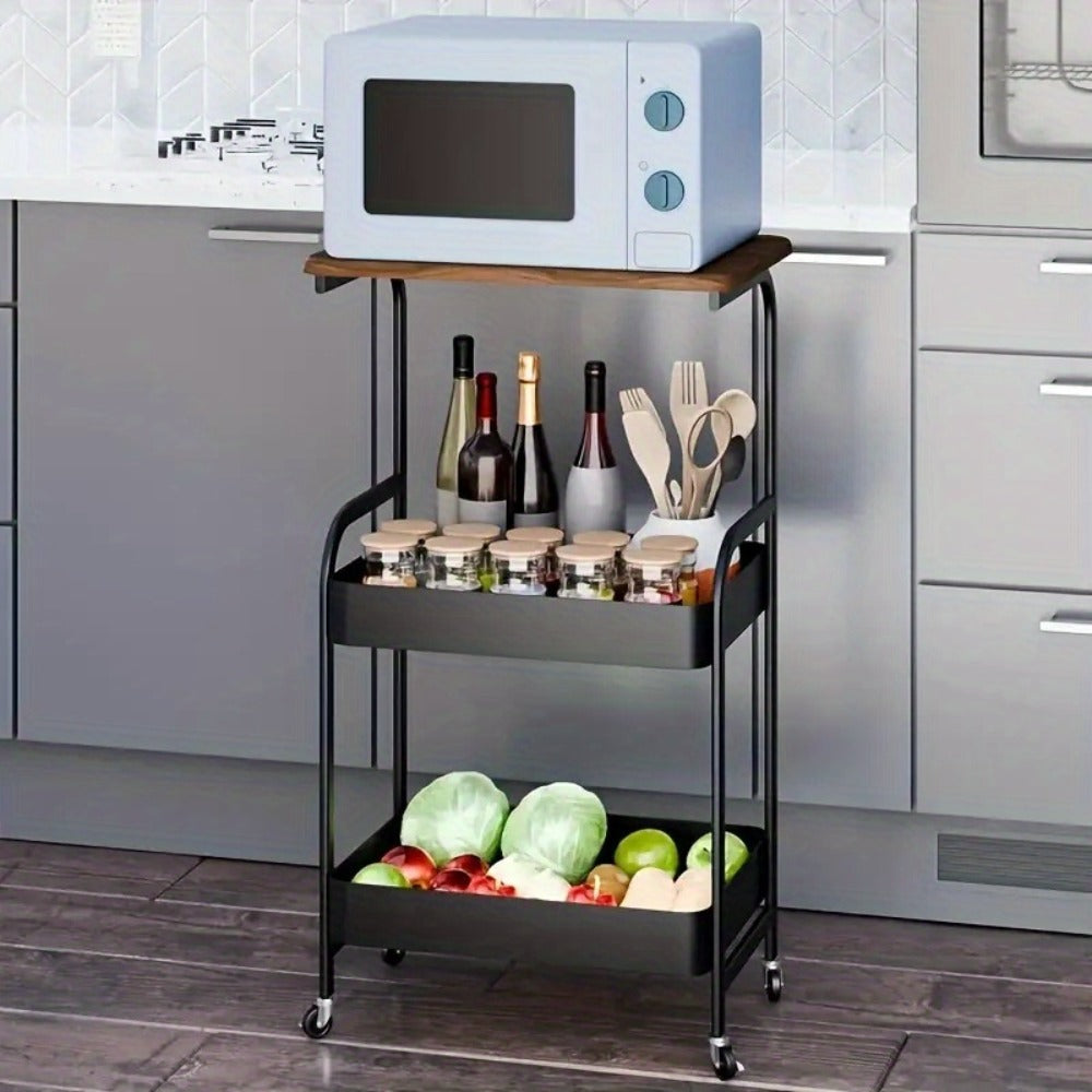 Storage Trolley with Wheels 3-Tier Wooden Tabletop Rolling Cart – Reinforced Black Metal Frame, Locking Casters