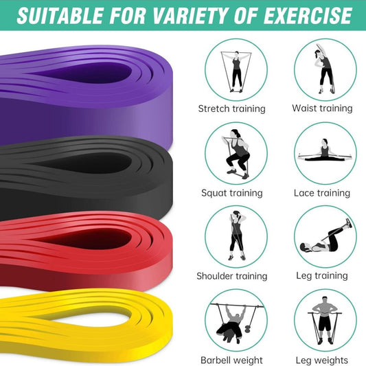 Four-Piece Mixed-Color Long Loop Resistance Band Set with Drawstring Bag and Pictured 5-125 lb Labels