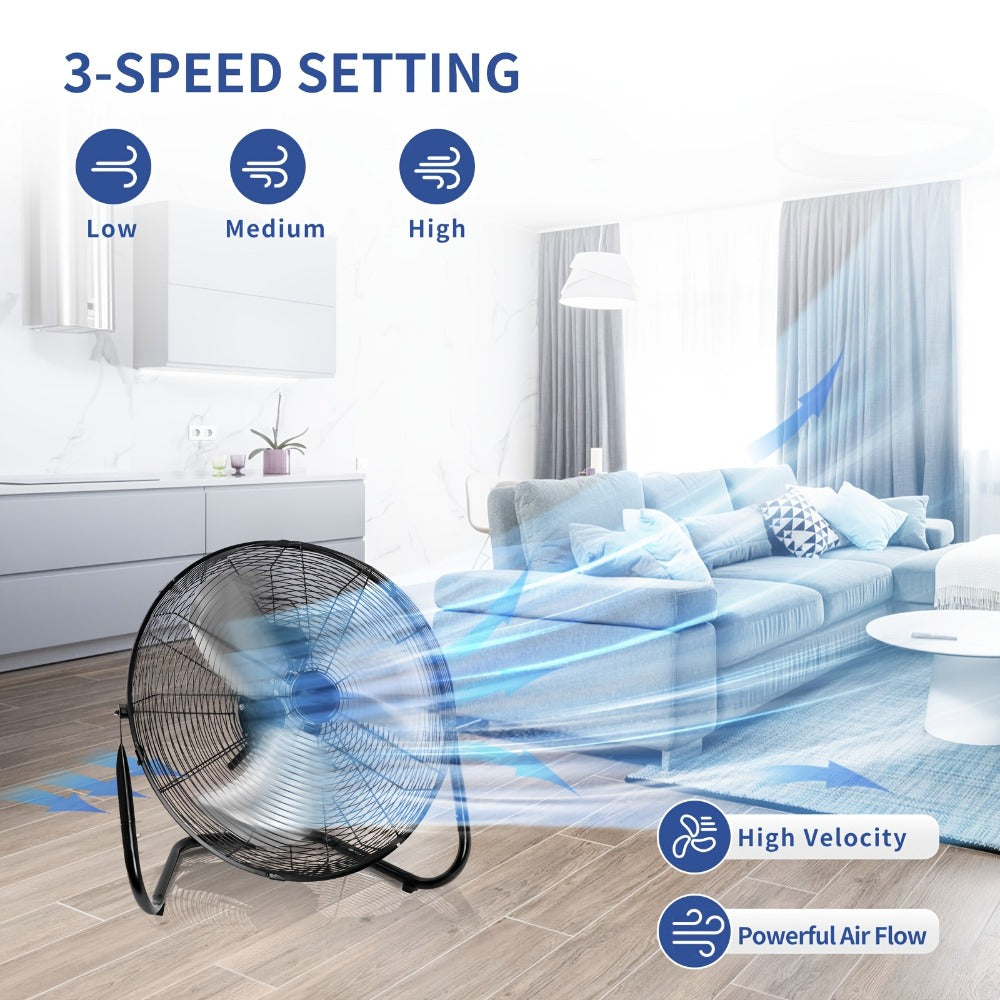 Industrial Floor Fan, Metal Stand Fan with 3 Speed Settings & 360° Tilt, High Velocity Airflow for Warehouse