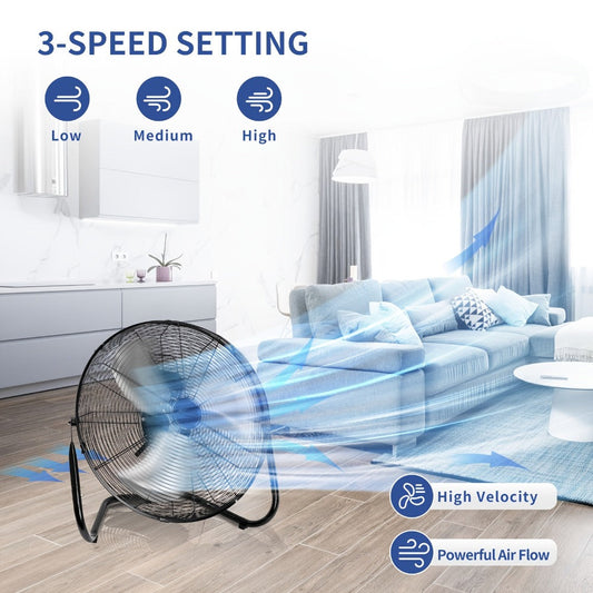 Industrial Floor Fan, Metal Stand Fan with 3 Speed Settings & 360° Tilt, High Velocity Airflow for Warehouse