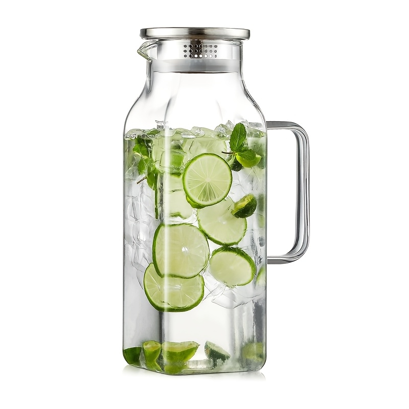 Square 68-Ounce Glass Pitcher with Metal-Look Lid and Handle in Two-, Six- or Twelve-Piece Packs