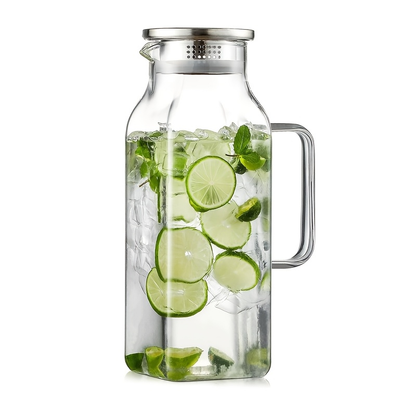 Square 68-Ounce Glass Pitcher with Metal-Look Lid and Handle in Two-, Six- or Twelve-Piece Packs