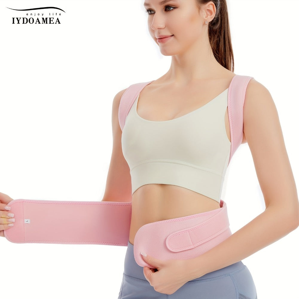 Pink Adjustable Posture Brace with Crossed Waist Straps and Five Labeled Fit Options from S to 3XL