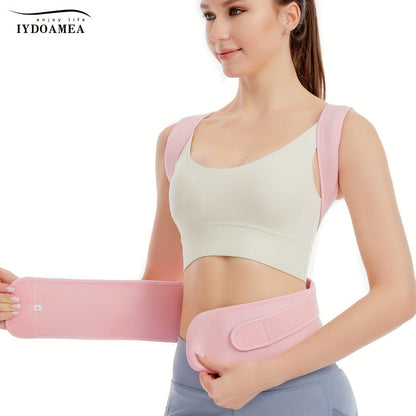 Pink Adjustable Posture Brace with Crossed Waist Straps and Five Labeled Fit Options from S to 3XL