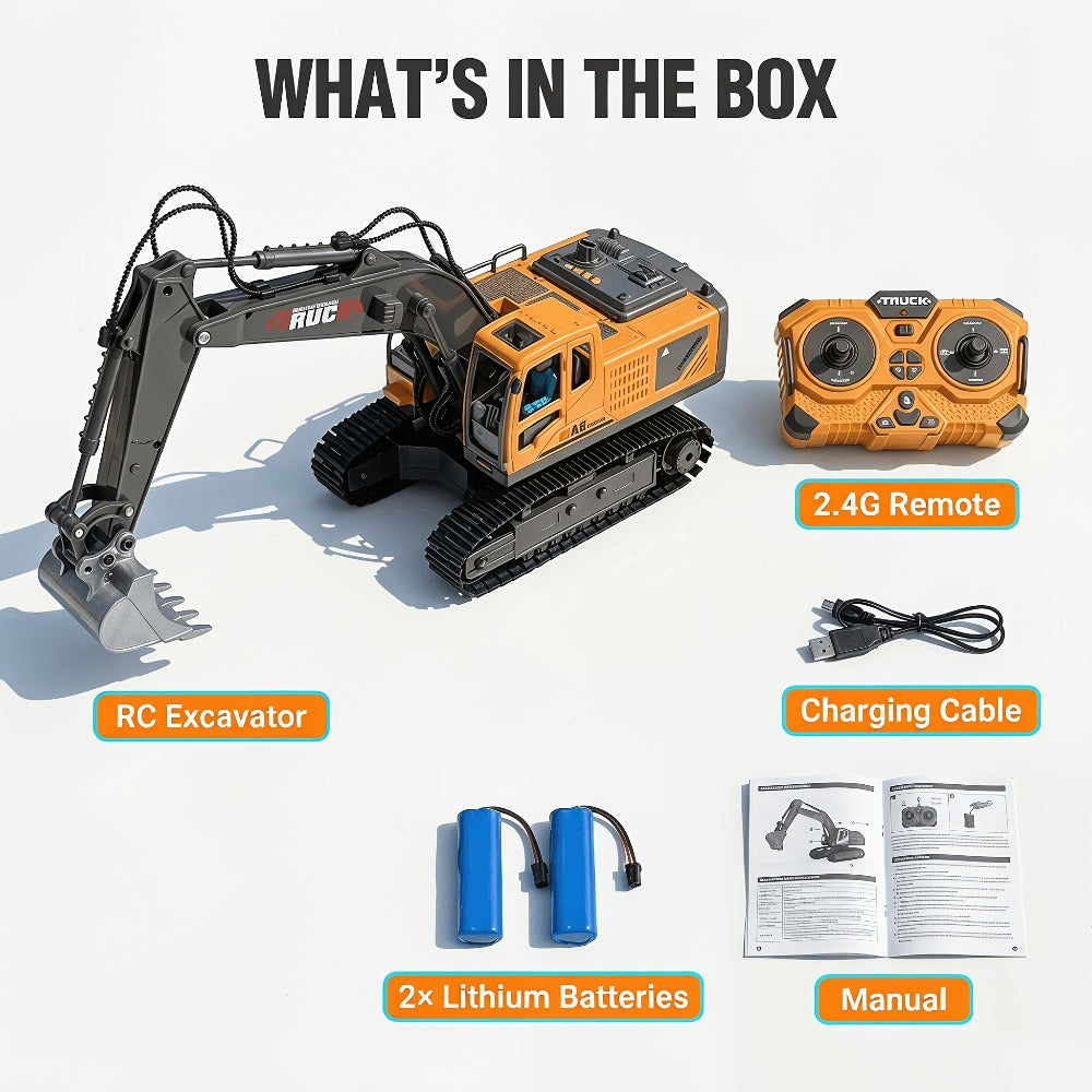 RC Excavator Toy for Kids Track Type 2.4GHz, 1200mAh Rechargeable Remote Control Construction Truck with Metal Shovel & LED Light