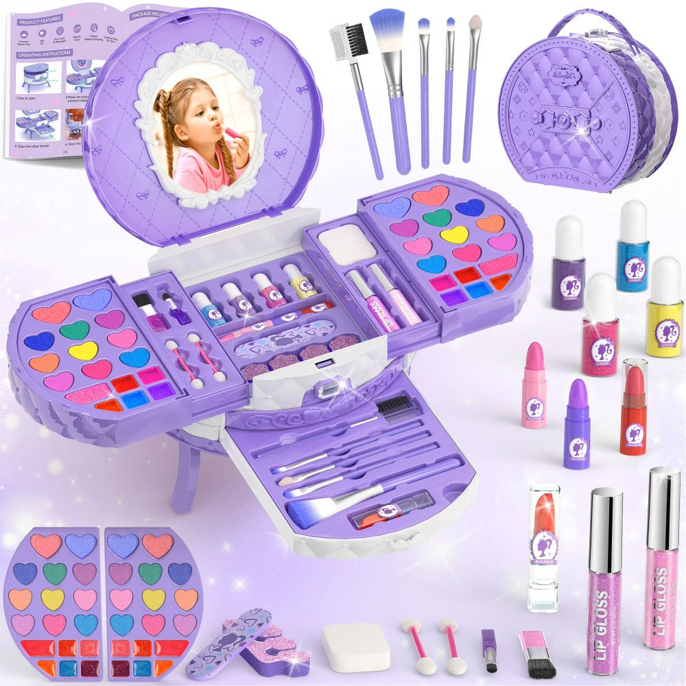 Kids Makeup Kit for Girls, Safe Princess Dress Up Play Set with Real Cosmetics, Purple, Birthday Christmas Gift for Girls Ages 3+