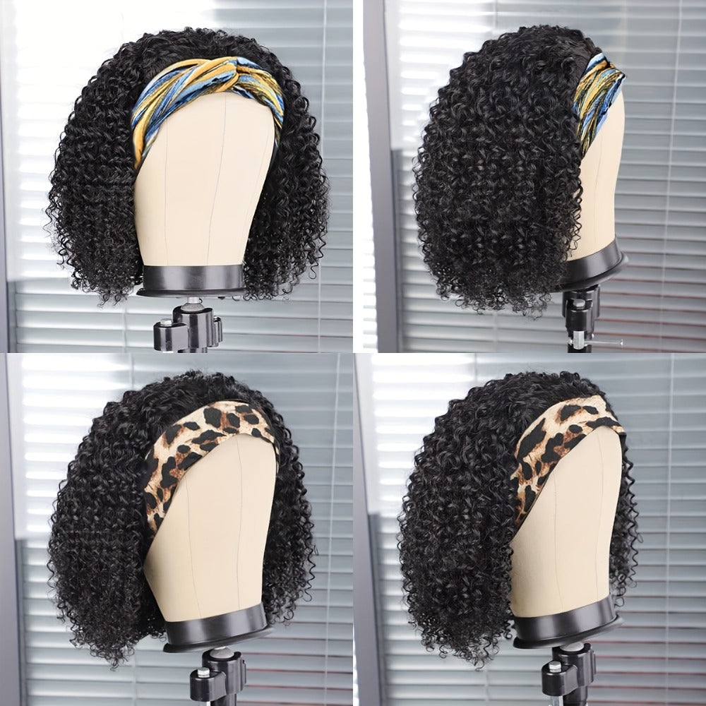 Headband Wig Human Hair Short Curly Pixie 14 Inch No Glue No Lace Glueless Wear and Go Natural, for Home, Travel and Salon Hair Styling