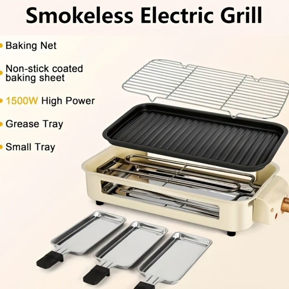 Electric Grill 2-in-1 Indoor BBQ & Frying Pan, 1500W Temperature Control, Non-Stick Detachable Cooking Board