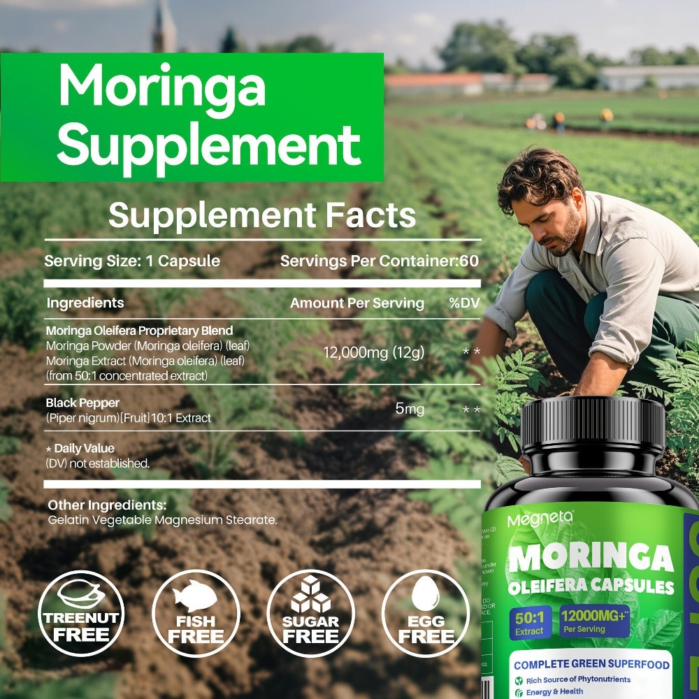 Moringa Capsules 12000mg Organic Superfood Supplement - Antioxidant, Immune Support for Bath Time, Home Spa and Personal Care