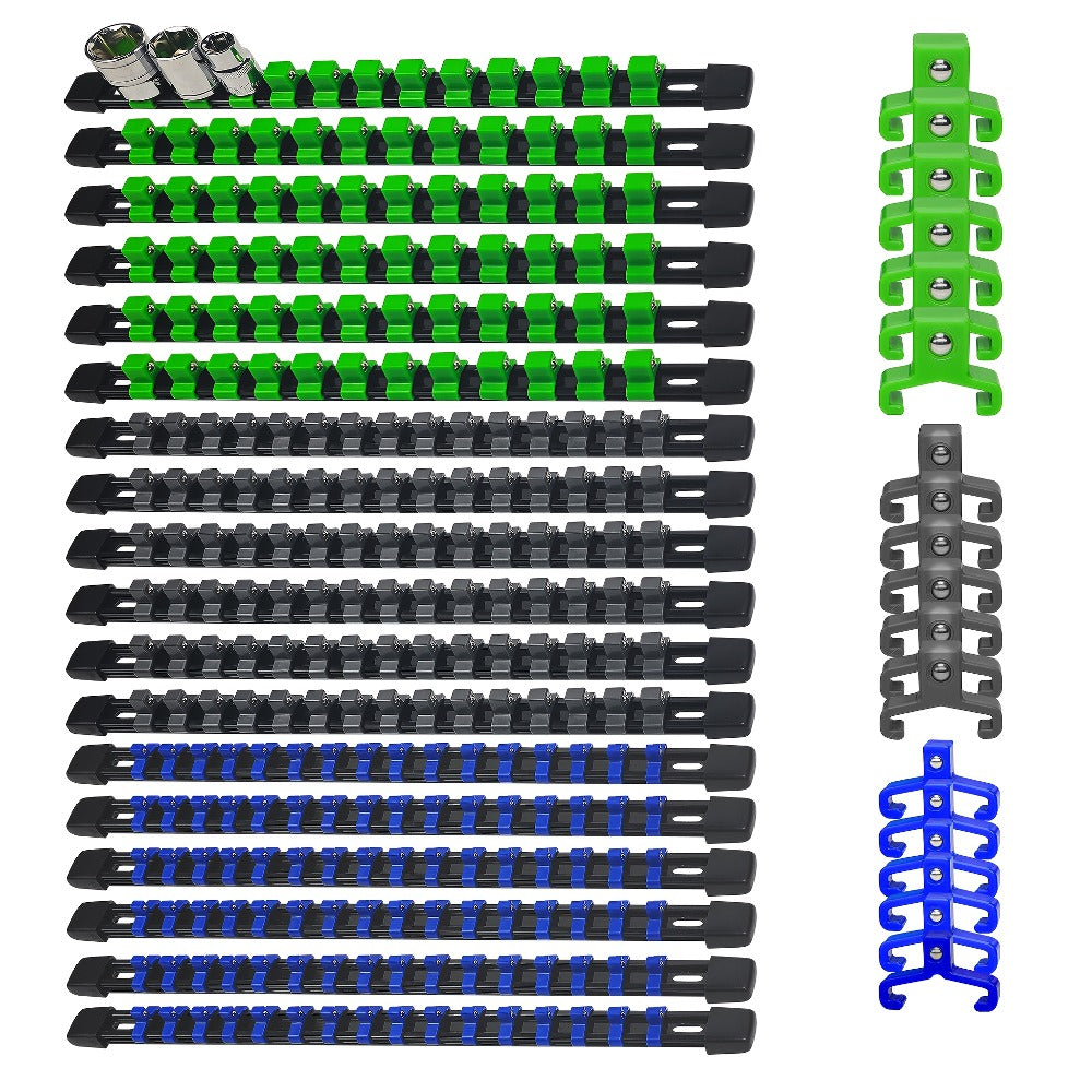 Socket Organizer Set with Rails – Heavy Duty ABS Socket Holder Rack for 1/4", 3/8" & 1/2" Drive – Tool Storage Kit for Toolbox