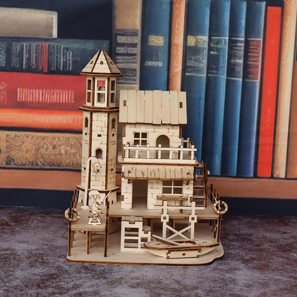 Wooden Building Model Kit with Fisherman's Hut, Treehouse-2 or Cowboy Bar Checkout Designs