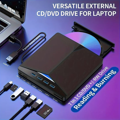 7-in-1 External DVD Drive USB 3.0 with 4 USB Ports & Dual TF/SD Card Reader - High-Speed CD/DVD Burner for Laptop Mac PC