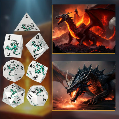 Dragon Metal Dice Set 7pcs Hand-Polished, Retro Carved Dragon Pattern Polyhedral DnD TTRPG RPG Dice with Dragon Storage Bag