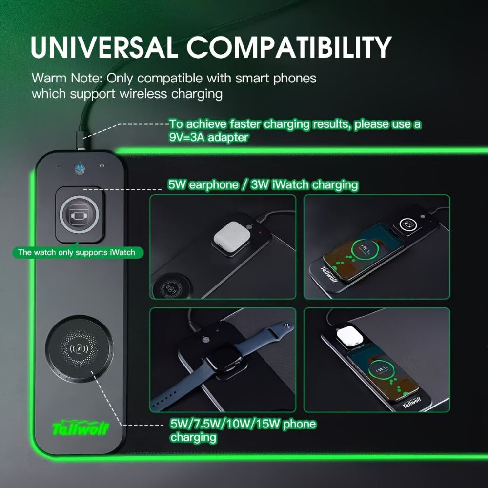 3-in-1 Wireless Charging Mouse Pad RGB, 15W Qi Charger for Phone, Watch & Mouse, 10 LED Modes, Magnetic Rechargeable Mouse Included