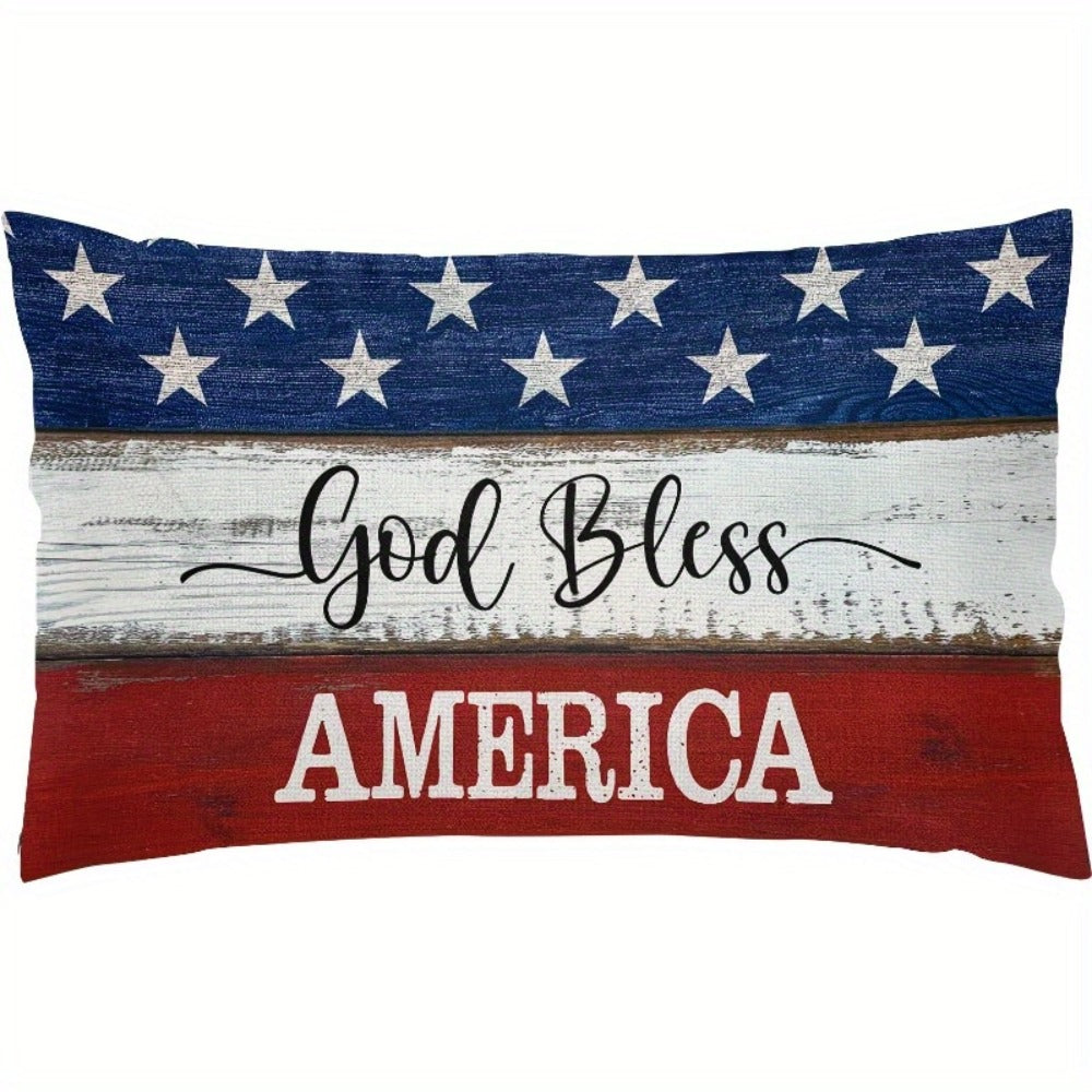 4th of July Throw Pillow Cover 12x20 Inch, God Bless America Patriotic Red White Blue Linen Cushion Case Star Pattern Distressed Wood