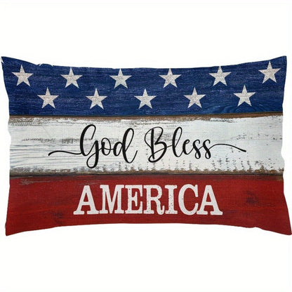 4th of July Throw Pillow Cover 12x20 Inch, God Bless America Patriotic Red White Blue Linen Cushion Case Star Pattern Distressed Wood