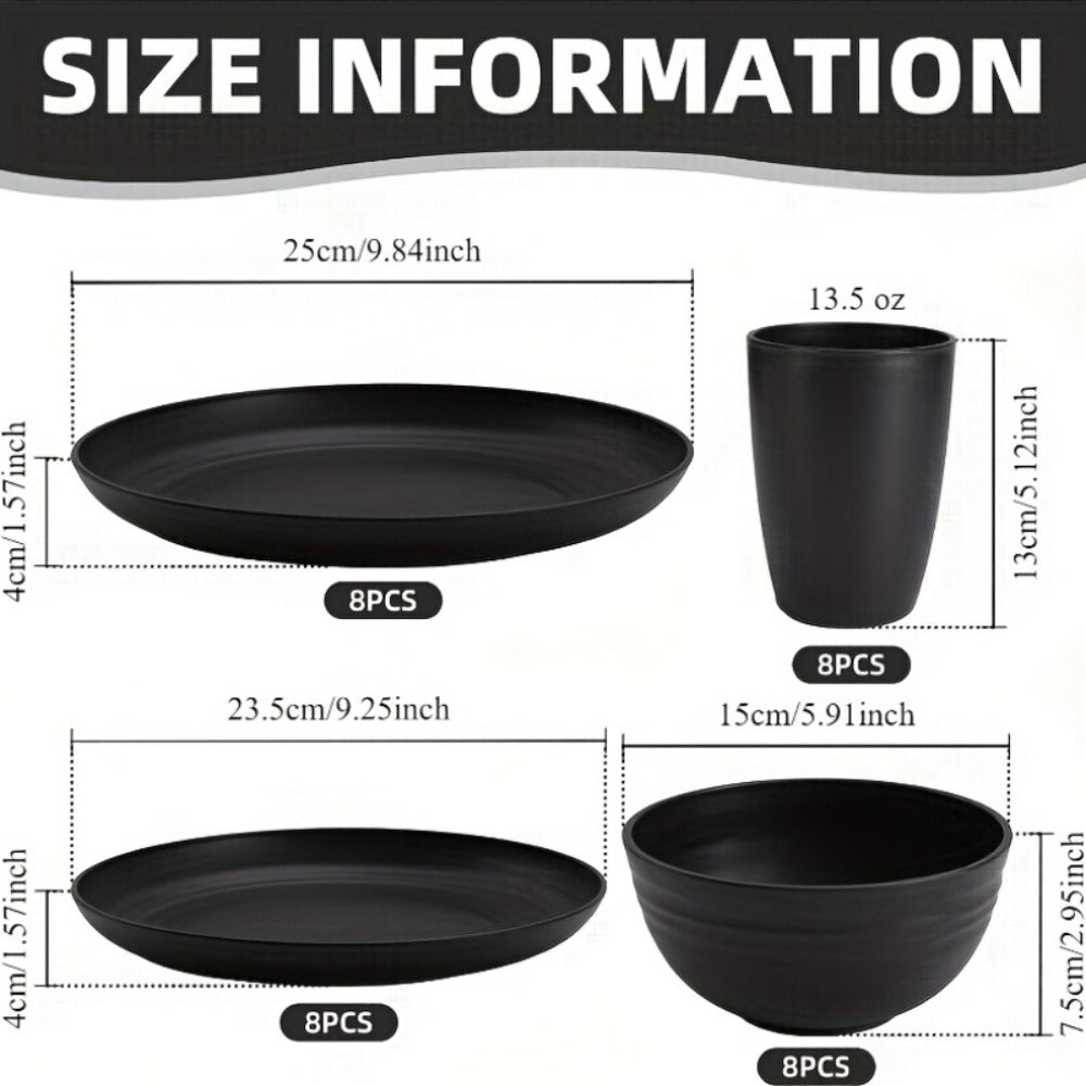 Wheat Straw Dinnerware Set 16 or 32 Piece – Plates & Bowls for 4 or 8 People, Microwave & Dishwasher Safe Plastic Dish Set