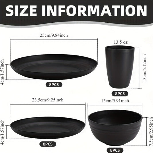 Wheat Straw Dinnerware Set 16 or 32 Piece – Plates & Bowls for 4 or 8 People, Microwave & Dishwasher Safe Plastic Dish Set