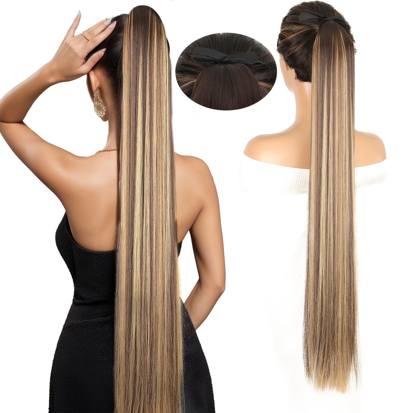 Hair Extensions Straight 34-Inch Synthetic Ponytail with Ribbon Wrap and Five Mixed or Natural-Tone Colors
