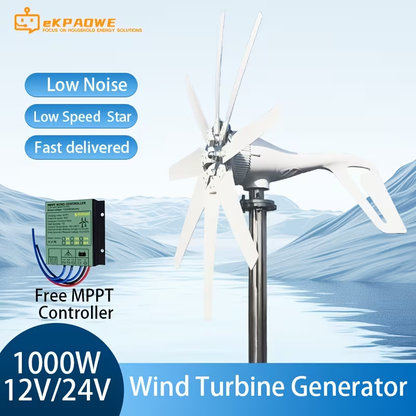 Wind Power Generator 1000W Horizontal Axis, 12V 24V with MPPT Controller, 6-Blade Coreless Magnet