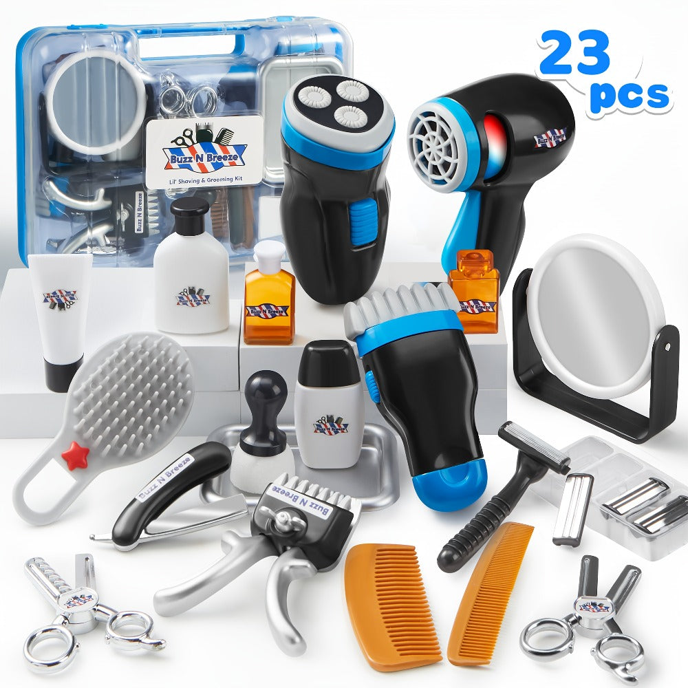 Kids Barbershop Pretend Play Kit 23pcs with Storage Box, Realistic Barber Role Play Toys with Shaver Scissors Hairdryer Comb