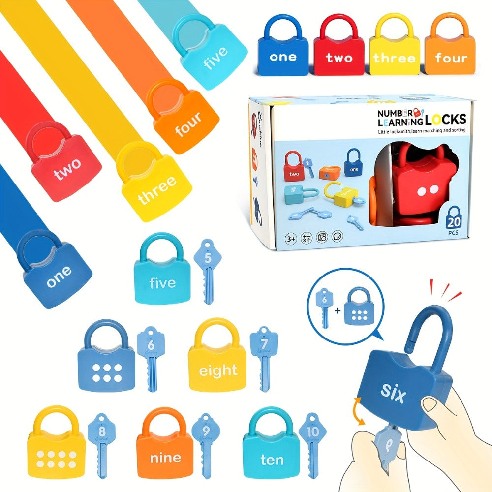 Preschool Math Lock and Key Counting Toy 10 Sets – Number Recognition Manipulative for Kids Ages 3-5, Color-Coded Kindergarten Math