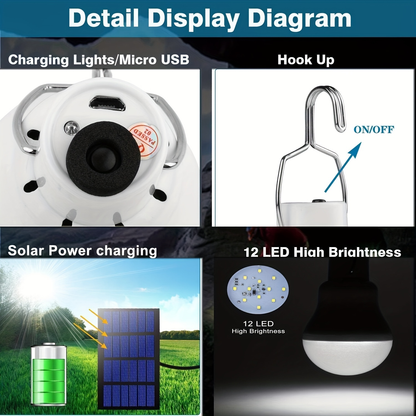 Outdoor Solar Light Bulb with 3.5M Cable – 110 Lumen 12 LED, 800mAh Rechargeable, 6000K Daylight, Portable Hanging Lamp for Garden, Yard