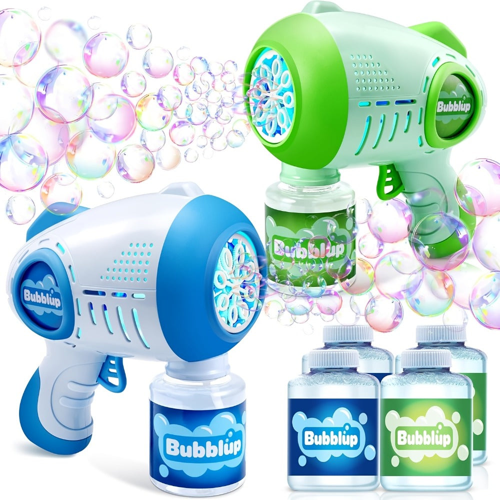 LED Light Up Bubble Gun 2 Pack with 4 Bottles Solution, 10-Hole Bubble Shooter 10000+ Bubbles Per Minute for Kids Adults