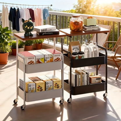 Storage Trolley with Wheels 3-Tier Wooden Tabletop Rolling Cart – Reinforced Black Metal Frame, Locking Casters
