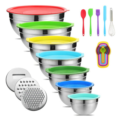 21-Piece Mixing Bowl Set with Color-Coded Lids, Three Grater Inserts and Prep Tool Assortment