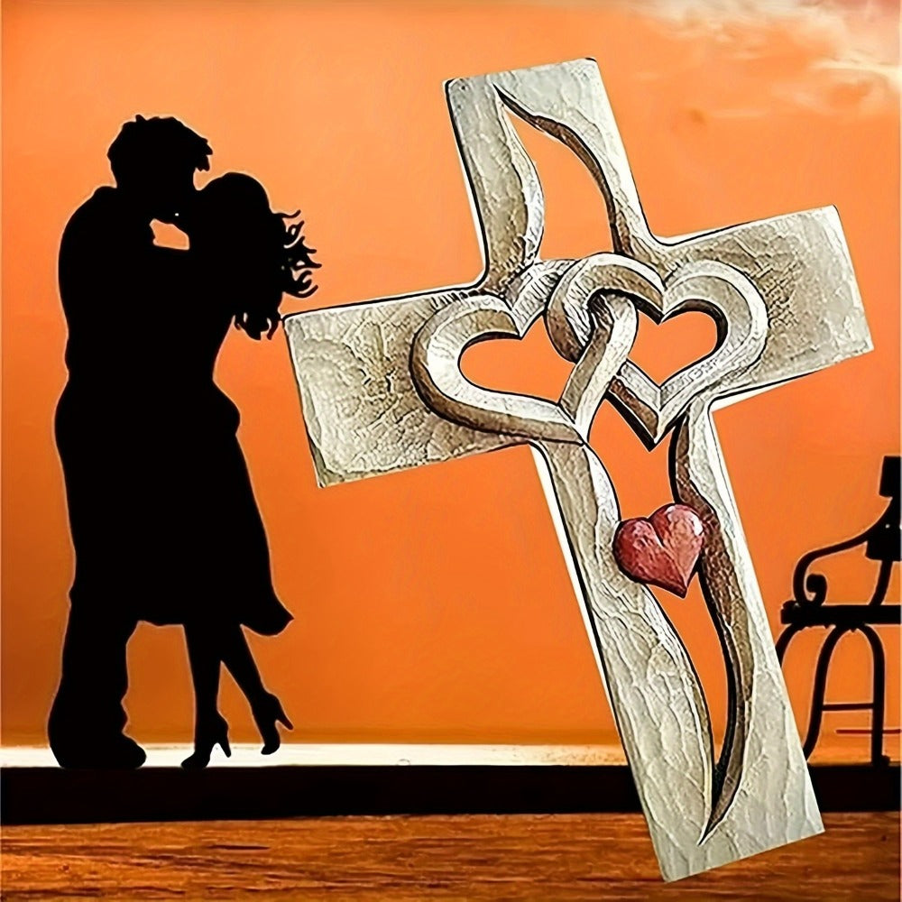 Cross Wall Decor Resin Handcrafted Hearts Intertwined Love Cross, Decorative Wall Cross for Living Room Bedroom Home Decor