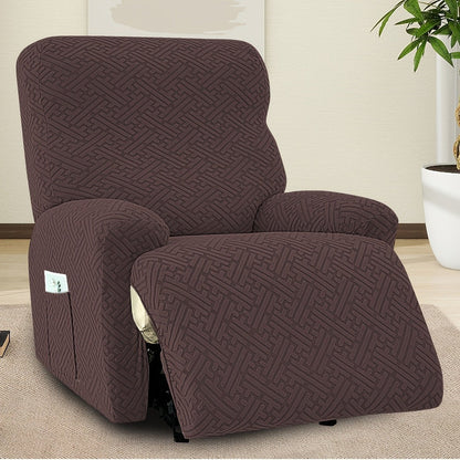 Four-Piece Maze Jacquard Recliner Chair Cover Set with Side Pocket and Nine Solid Color Options