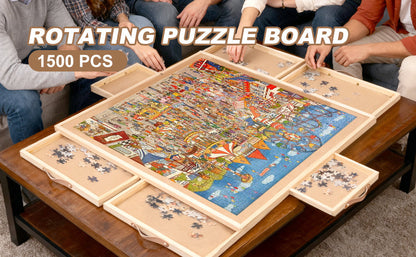 Jigsaw Puzzle Table 35"x27" with 360° Rotating Turntable & Easy-Pull Handle Drawers – Large Puzzle Board Organizer with Dust Cover for 1500