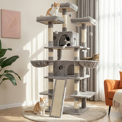 Large Multi-Level Cat Tower with Two Condos, Three Perches, Hammocks and Six Gray, Beige or Taupe Configurations