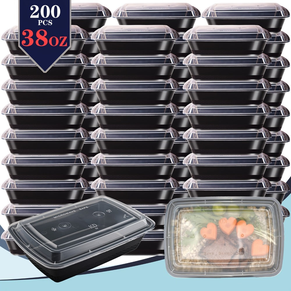Meal Prep Containers 38oz Black Rectangular Disposable Bento Box Bulk Set - Stackable Food for Entryways, Bedrooms and Living Spaces
