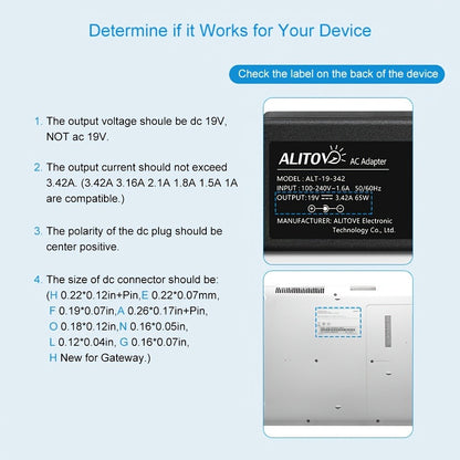 Universal DC Power Adapter 19V 3.42A 65W – ALITOVE Laptop Charger & Monitor Power Supply with 9 Interchangeable Tips
