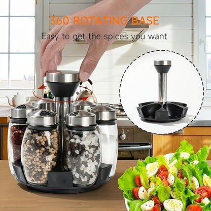 Glass Spice Jar Set with Rotating Rack, Airtight Kitchen Spice Organizer with 360° Stainless Steel Stand