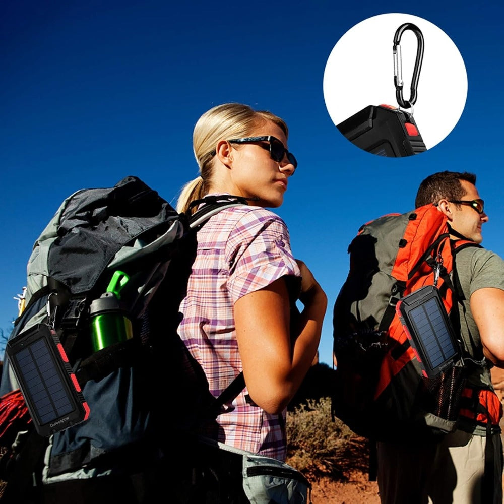 Solar Power Bank 20000mAh Outdoor Portable Charger with LED Flashlight SOS Compass & Carabiner Hook